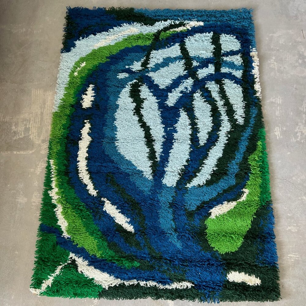 60's EGE RYA VANGUARD Blues Tree Branch UNUSED Mid Century Modern Danish Rug